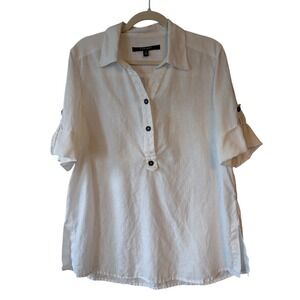 Women's Tunic Top Lg White Linen Button Up‎ Roll Tab Lagenlook Coupe Collection